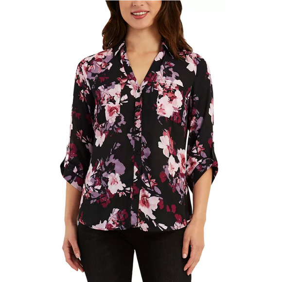 NEW BCX Black Floral Blouse Large Collared Satin Top Dark Flower Office Work - Picture 1 of 14